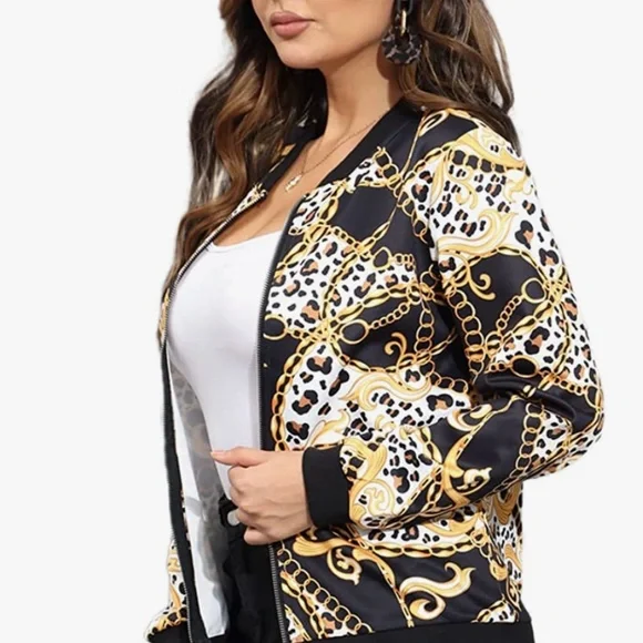 Womens Stand Collar Leopard Coat Long Sleeve Shirt Floral Printed Zip Up Casual